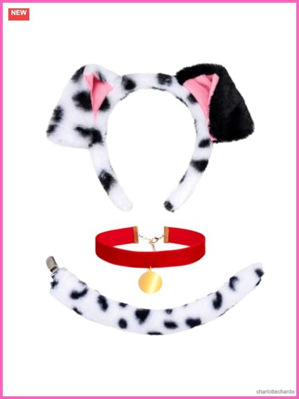 Dalmatian Costume Set Dog Ears Headband Tail Red Choker Plush Velvet Cosplay